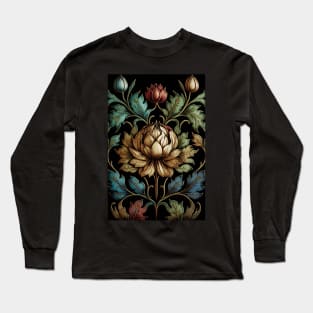 Floral Garden Botanical Print with Black Background Long Sleeve T-Shirt